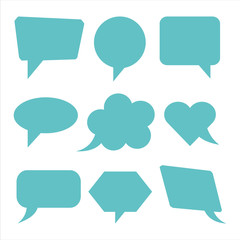 Set of speech bubbles in blue on white background. Empty blank of different shapes for text and chat messages.