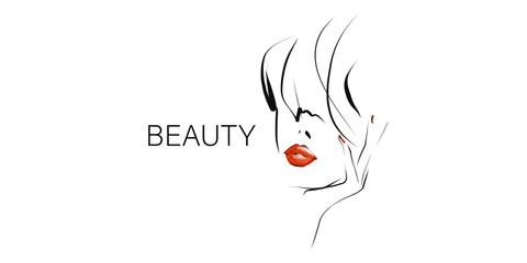 Face of beautiful young woman with red lips. Fashion illustration in sketch style on the theme of beauty, makeup, hairdressing. Vector