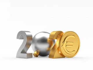 Silver and golden 2020 New Year and coin with EURO sign on white background. 3D illustration