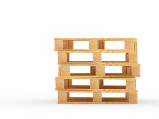 Stack of wooden empty pallets isolated on white background. 3D illustration.