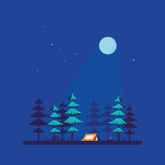 Camping tent in the forest, flat style design