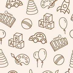 Baby toys seamless pattern in beige and cream colors. Thin line, cartoon, doodle hand drawn toys. Educational games for kids concept. Background for print, fabric and wallpaper