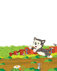 cartoon scene with cat having fun on the farm on white background - illustration for children