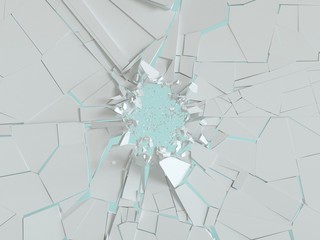 Explosion of white wall. Flying shards on a blue background. 3d render. Rendering abstract background. Geometric illustration. - 306139484