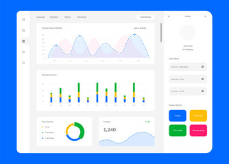 Dashboard UI kit in flat style. Modern template with data graphs, charts and diagrams.