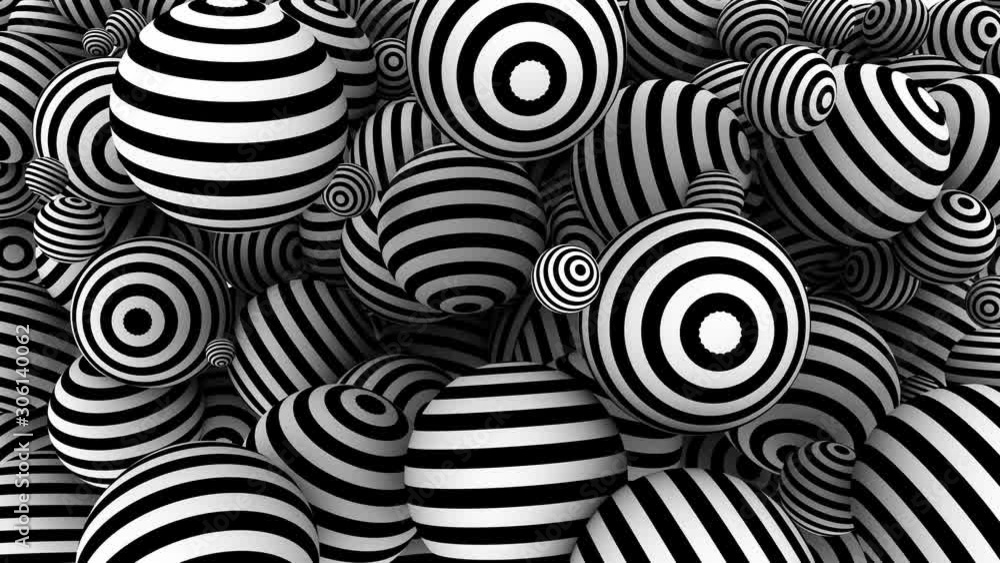 Poster 3d rendering in the style of optical illusions. black and white striped spheres background with anim