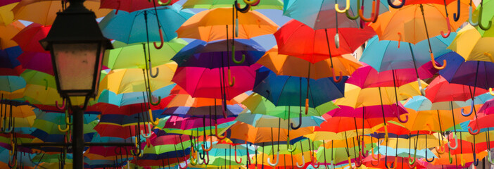 Colorful umbrellas in the street. Agueda, Portugal