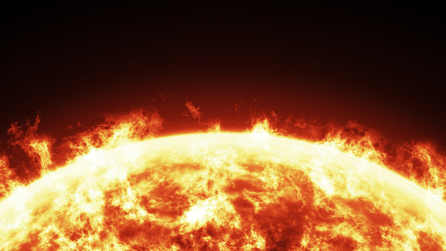 Close-up of the Sun burning brightly on a black background. Computer generated illustration.