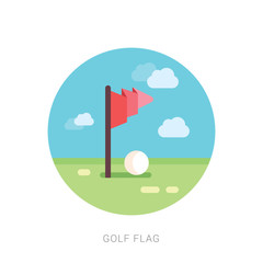 Fototapeta premium Golf red flag on green grass and hole.