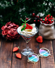 cream topped with various fruits