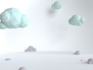 Fluffy blue clouds on a white background. Sunny day in a minimalistic style. 3d render triangle illustration. Mint color scene with soft shadows. - 306141864