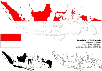 Indonesia vector map, flag, borders, mask , capital, area and population infographic