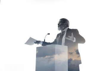 Proof. Speaker, coach or chairman during politician speech isolated on white background. Double...