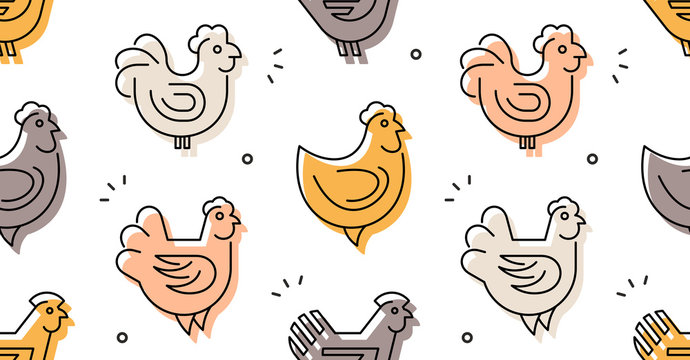 Seamless pattern with Hens, chickens. isolated on white background