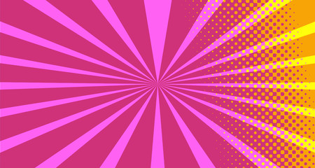 Obraz premium Vintage colorful comic book background. Orange blank bubbles of different shapes. Rays, radial, halftone, dotted effects. For sale banner empty Place for text 1960s. Copy space vector eps10.