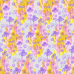 Abstract flowers and leaves repeat seamless pattern. Watercolor and digital hand drawn pattern. mixed technique for textile design and design