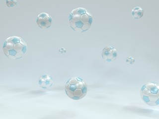 White blue soccer balls on a white background. 3d realistic illustration. Leather shine football jump, casting shadows. Light image on the theme of sport, competition, match.