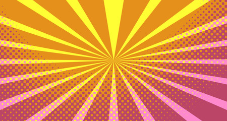 Obraz premium Vintage colorful comic book background. Orange blank bubbles of different shapes. Rays, radial, halftone, dotted effects. For sale banner empty Place for text 1960s. Copy space vector eps10.
