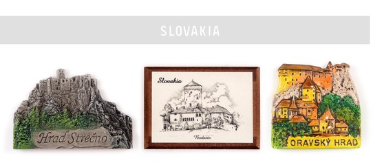 Souvenir (magnet) from Slovakia isolated on white background. The inscription in Slovak means "Orava Castle", "Stretchno Castle" in English