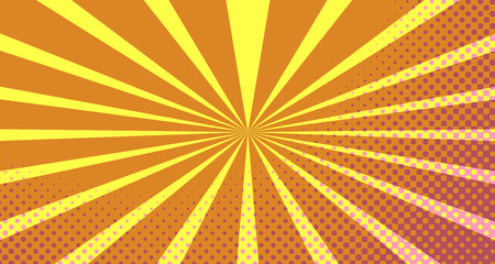Fototapeta premium Vintage colorful comic book background. Orange blank bubbles of different shapes. Rays, radial, halftone, dotted effects. For sale banner empty Place for text 1960s. Copy space vector eps10.