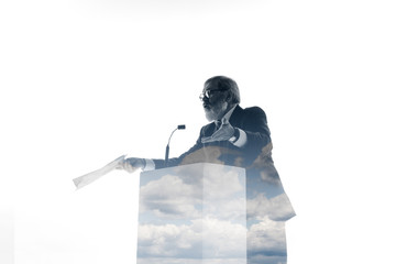 Proof. Speaker, coach or chairman during politician speech isolated on white background. Double exposure - truth and lies. Business training, speaking, promises, economical and financial relations.