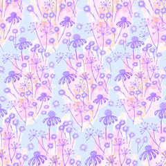 Fototapeta na wymiar Abstract flowers and leaves repeat seamless pattern. Watercolor and digital hand drawn pattern. mixed technique for textile design and design