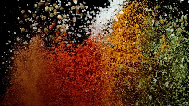 Super slow motion of flying spices mix. Filmed on high speed cinema camera, 1000 fps