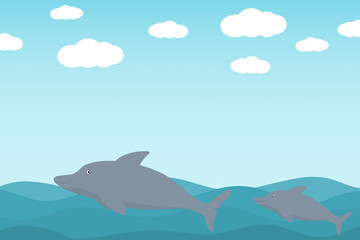 A dolphin and baby dolphin are swimming happily in the ocean.