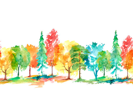 Seamless watercolor pattern. Autumn landscape, forest, park. Silhouettes of trees and bushes. red, orange and yellow colors. Linear curb. Mixed forest - oak, ash, maple, birch, pine, cedar, spruce