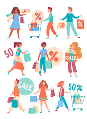 Fototapeta premium Collection of people with Shopping Bags and Carts. Big sale, up to 50 Discount, Advertising Banner, promo Poster. Vector illustration.