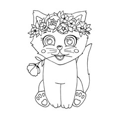 Vector hand drawn cute kitten with flower wreath and a flower in his mouth for coloring. Line art. Black and white drawing by hand. Graphic arts. Eps 10 vector illustration.