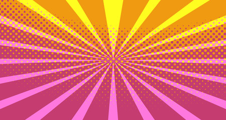 Fototapeta premium Vintage colorful comic book background. Orange blank bubbles of different shapes. Rays, radial, halftone, dotted effects. For sale banner empty Place for text 1960s. Copy space vector eps10.
