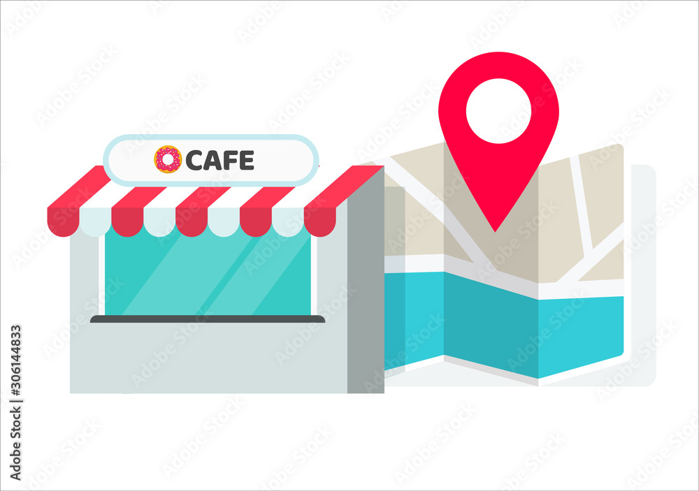 Poster cafe or store location with pin pointer and navigation map vector illustration, flat cartoon shop or