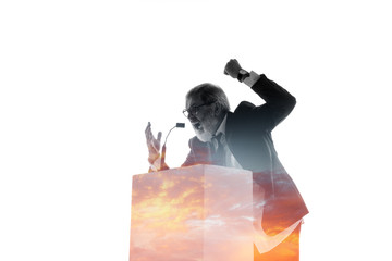 Agressive. Speaker, coach or chairman during politician speech isolated on white background. Double exposure - truth and lies. Business training, speaking, promises, economical and financial relations