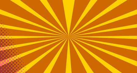 Fototapeta premium Vintage colorful comic book background. Orange blank bubbles of different shapes. Rays, radial, halftone, dotted effects. For sale banner empty Place for text 1960s. Copy space vector eps10.