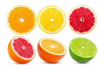 Ripe half of pink grapefruit citrus fruit orange lime slice isolated on white background.
