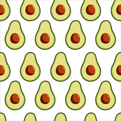 Avocado seamless pattern on white background. Perfect for textile, print, banners, vegan products packaging. Healthy food.  Vector hand draw illustration.