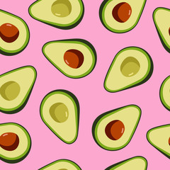Avocado seamless pattern on pink background. Perfect for textile, print, banners, vegan products packaging. Healthy food.  Vector hand draw illustration.