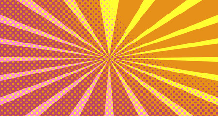 Fototapeta premium Vintage colorful comic book background. Orange blank bubbles of different shapes. Rays, radial, halftone, dotted effects. For sale banner empty Place for text 1960s. Copy space vector eps10.