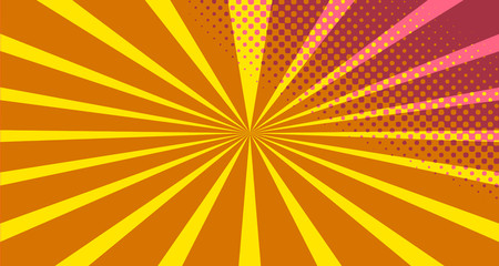 Vintage colorful comic book background. Orange blank bubbles of different shapes. Rays, radial, halftone, dotted effects. For sale banner empty Place for text 1960s. Copy space vector eps10.
