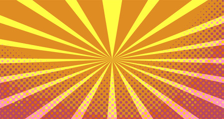 Vintage colorful comic book background. Orange blank bubbles of different shapes. Rays, radial, halftone, dotted effects. For sale banner empty Place for text 1960s. Copy space vector eps10.