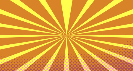 Vintage colorful comic book background. Orange blank bubbles of different shapes. Rays, radial, halftone, dotted effects. For sale banner empty Place for text 1960s. Copy space vector eps10.