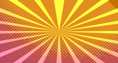 Obraz premium Vintage colorful comic book background. Orange blank bubbles of different shapes. Rays, radial, halftone, dotted effects. For sale banner empty Place for text 1960s. Copy space vector eps10.