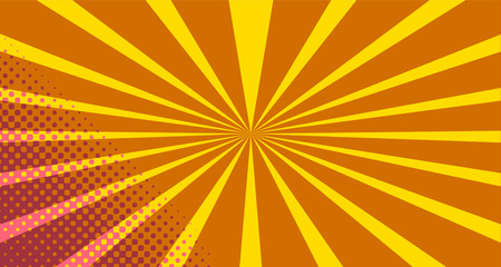 Fototapeta premium Vintage colorful comic book background. Orange blank bubbles of different shapes. Rays, radial, halftone, dotted effects. For sale banner empty Place for text 1960s. Copy space vector eps10.