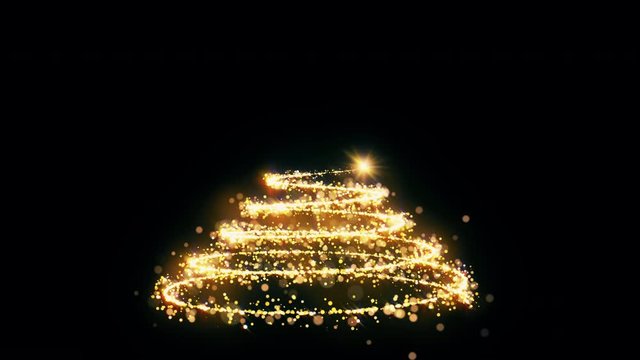 Golden glitter Christmas tree with sparkling light. Shining gold particles and sparkles spiral intro template on black background. Luxury magic festive effect with bokeh and glow. Dust trail 3D render