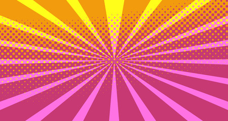 Obraz premium Vintage colorful comic book background. Orange blank bubbles of different shapes. Rays, radial, halftone, dotted effects. For sale banner empty Place for text 1960s. Copy space vector eps10.