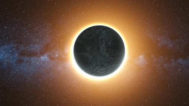Full solar eclipse. The Moon approach and cover the visible Sun with gold diamond ring effect. Abstract scientific background. High detail FHD. 3D Render. Zoom. Element of this image furnished by NASA