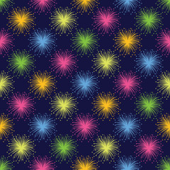 Colourful and bright fireworks seamless vector pattern background.