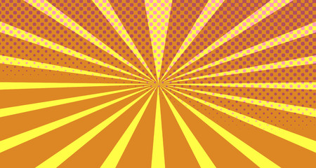 Vintage colorful comic book background. Orange blank bubbles of different shapes. Rays, radial, halftone, dotted effects. For sale banner empty Place for text 1960s. Copy space vector eps10.