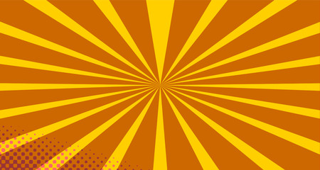 Fototapeta premium Vintage colorful comic book background. Orange blank bubbles of different shapes. Rays, radial, halftone, dotted effects. For sale banner empty Place for text 1960s. Copy space vector eps10.